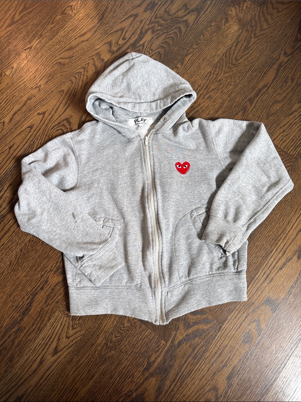 Comme des Garcons Play Kids Light Grey Zip Hoodie with Red Heart